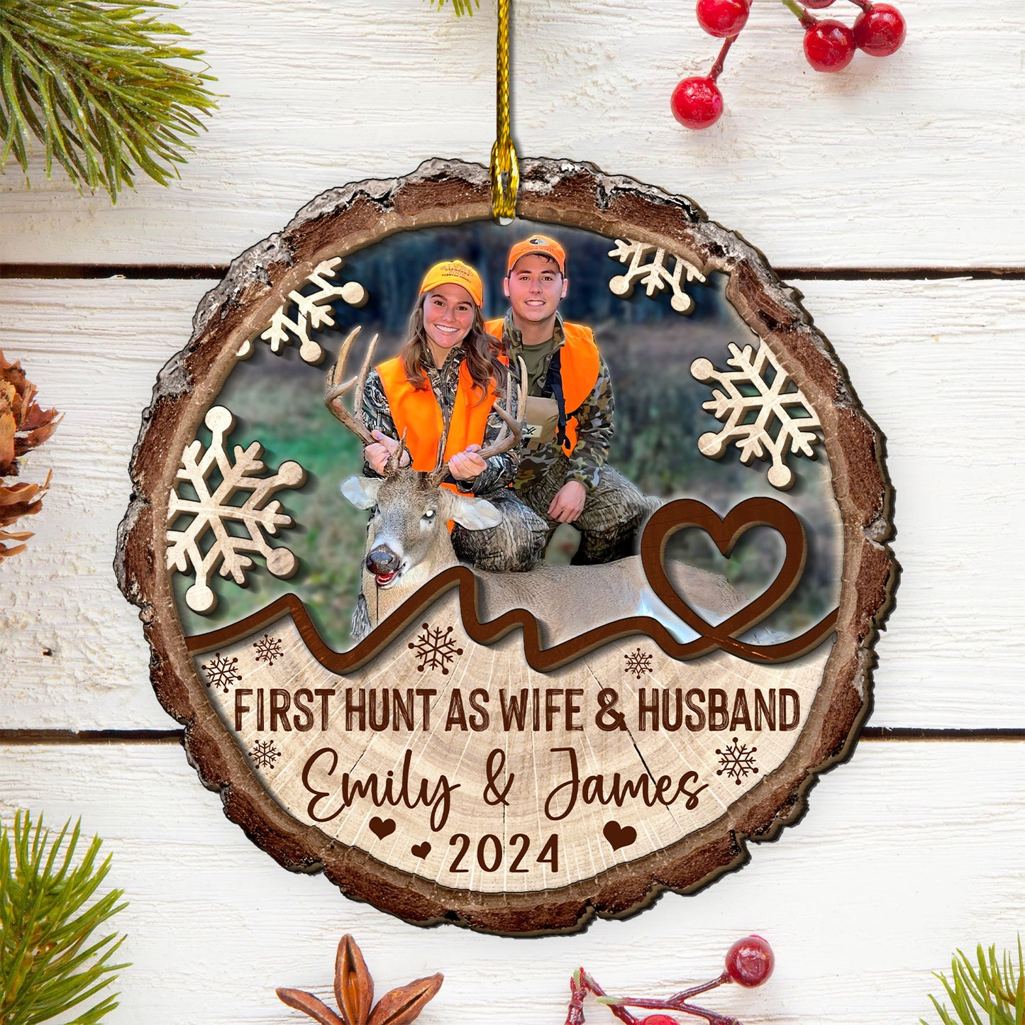 Custom Hunting Photo Wife & Husband Wood Ornament