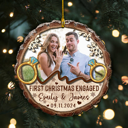 Custom Engagement Photo with Rings 2-Layer Wood Slice Ornament