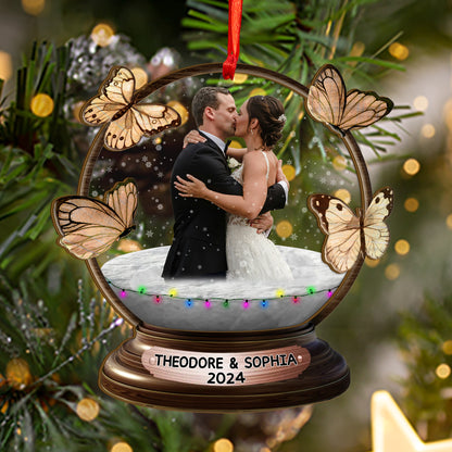 Custom Wedding Photo Butterfly Snowball Wood and Acrylic Ornament