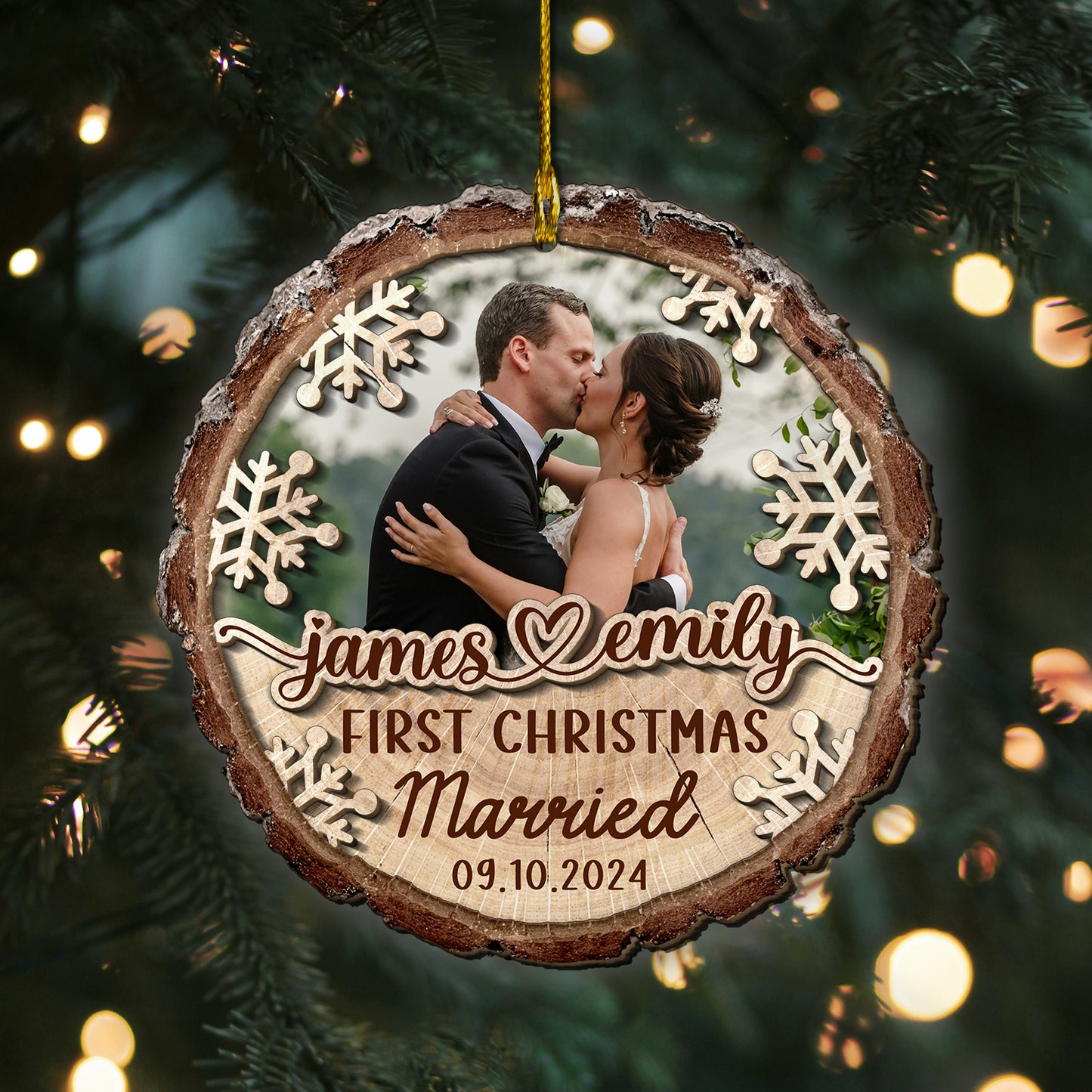 Custom Wedding Photo 2-Layer Wood Slice Ornament