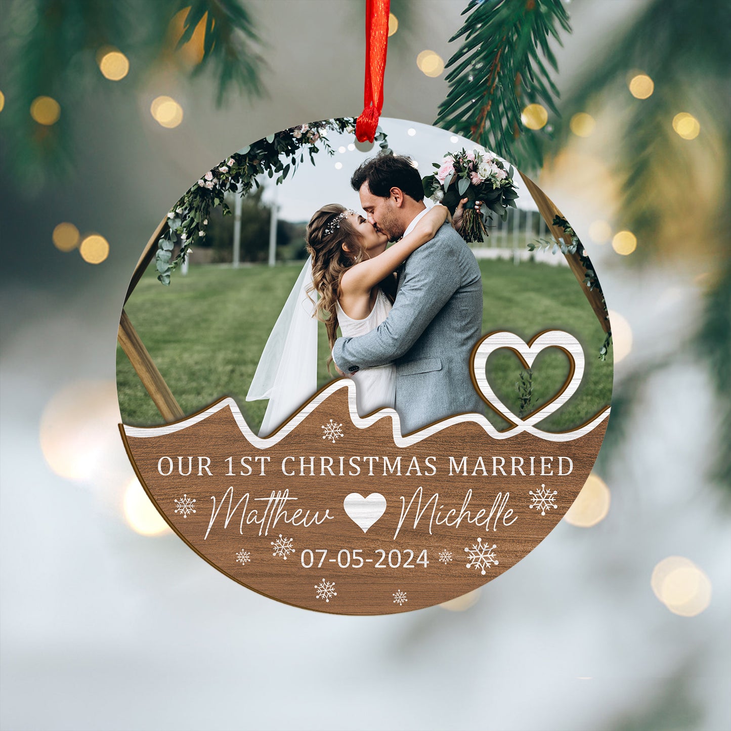 Custom Photo First Christmas Married Wood and Acrylic Ornament