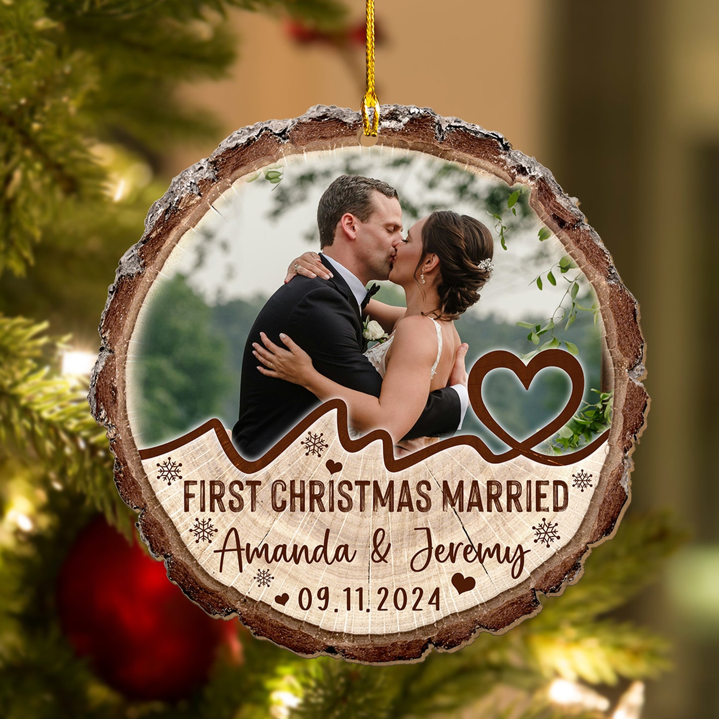 Custom Wedding Photo Wood Slice Ornament