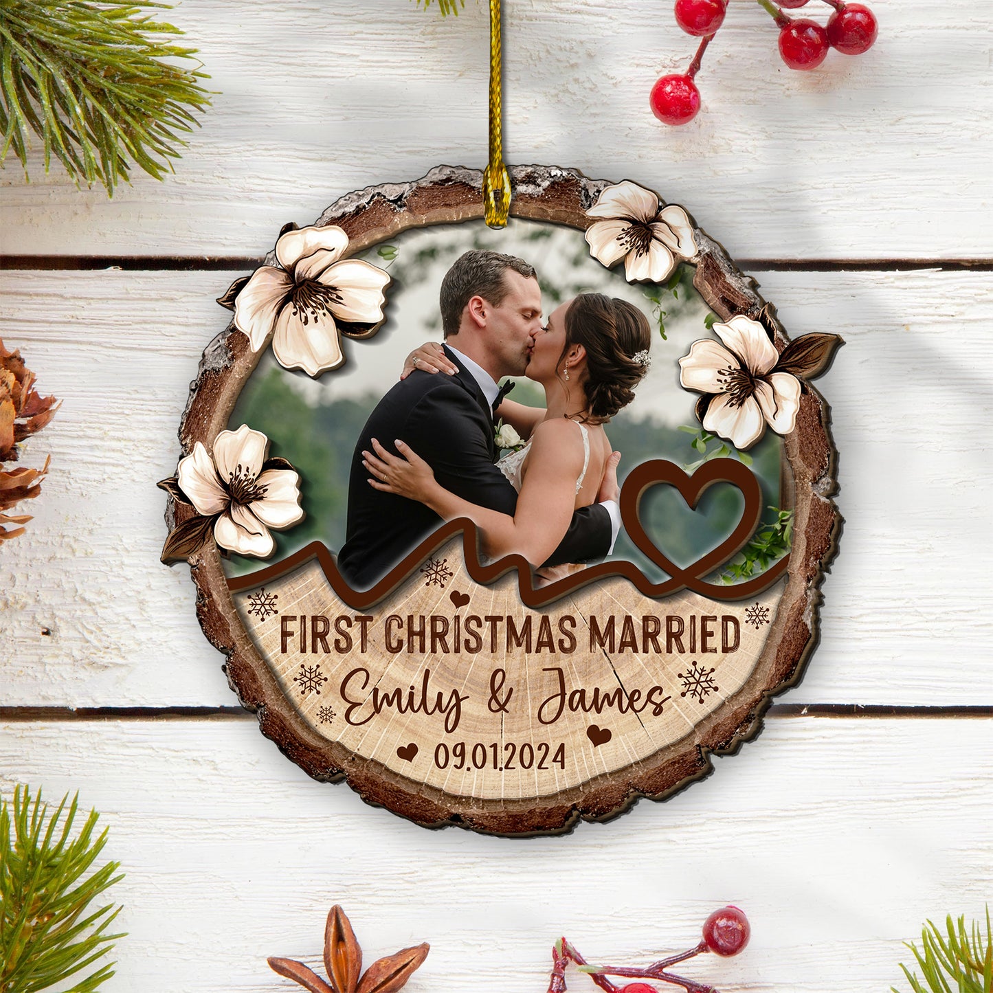 Custom Wedding Photo 2-Layer Wood Ornament