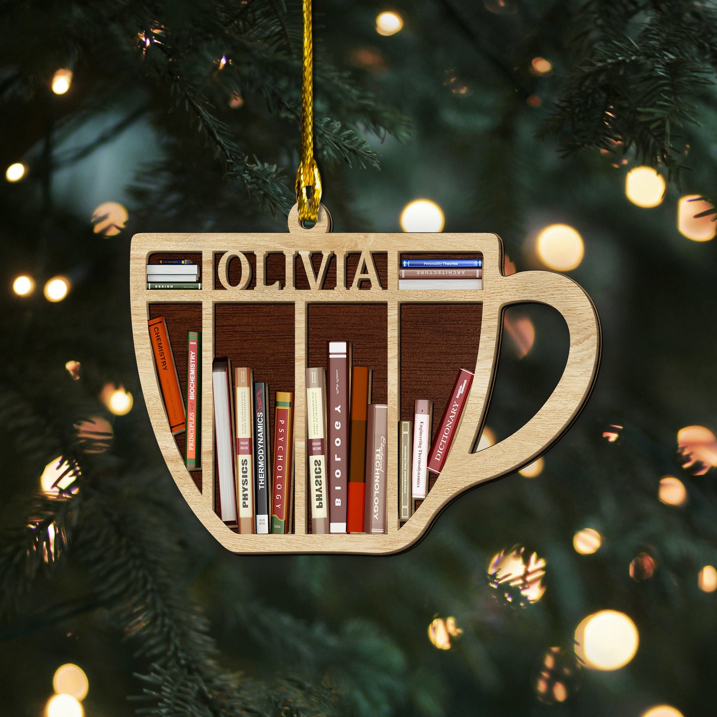 Custom Name Books Coffee Cup 2-Layer Wood Ornament