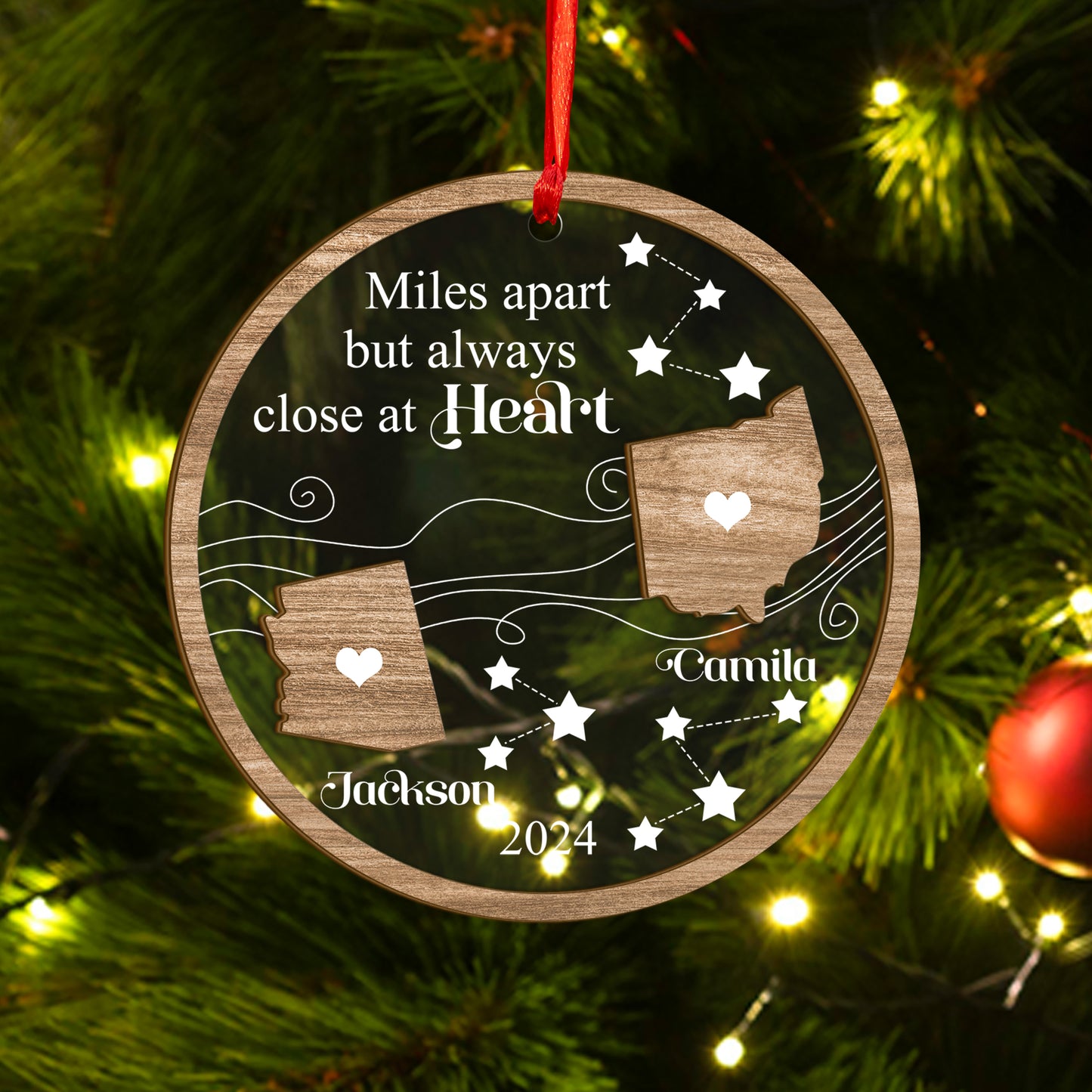 Custom Long Distance Relationship Wood and Acrylic Ornament