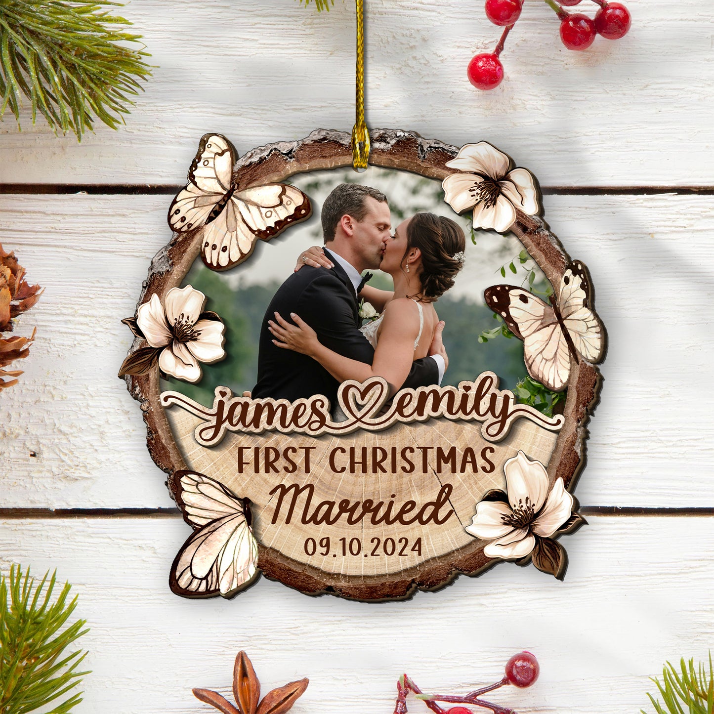 Custom Wedding Photo 2-Layer Wood Slice Ornament