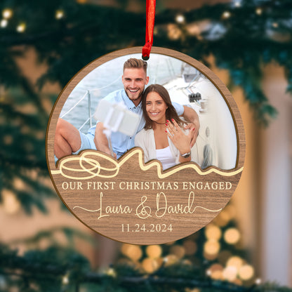 Custom Photo First Christmas Engaged Wood and Acrylic Ornament