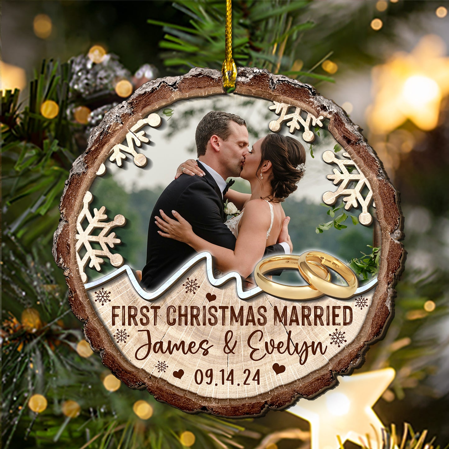 Custom Wedding Photo Rings 2-Layer Wood Slice Ornament