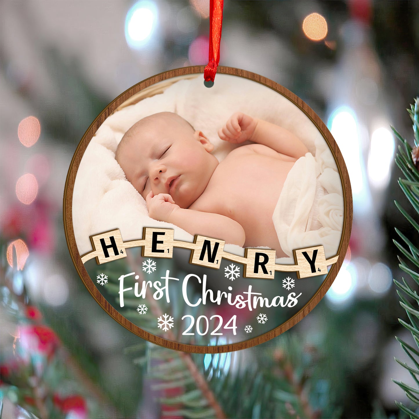 Custom Baby Photo Crossword Wood and Acrylic Ornament