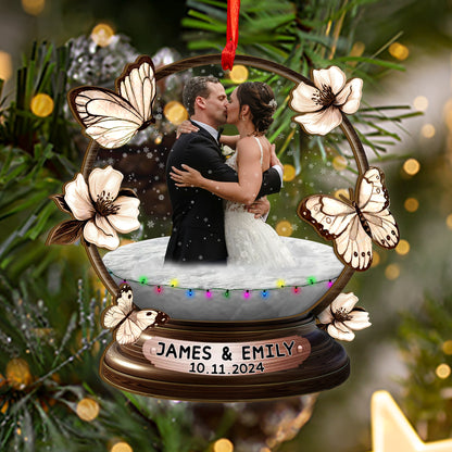 Custom Wedding Photo Snowball Wood and Acrylic Ornament