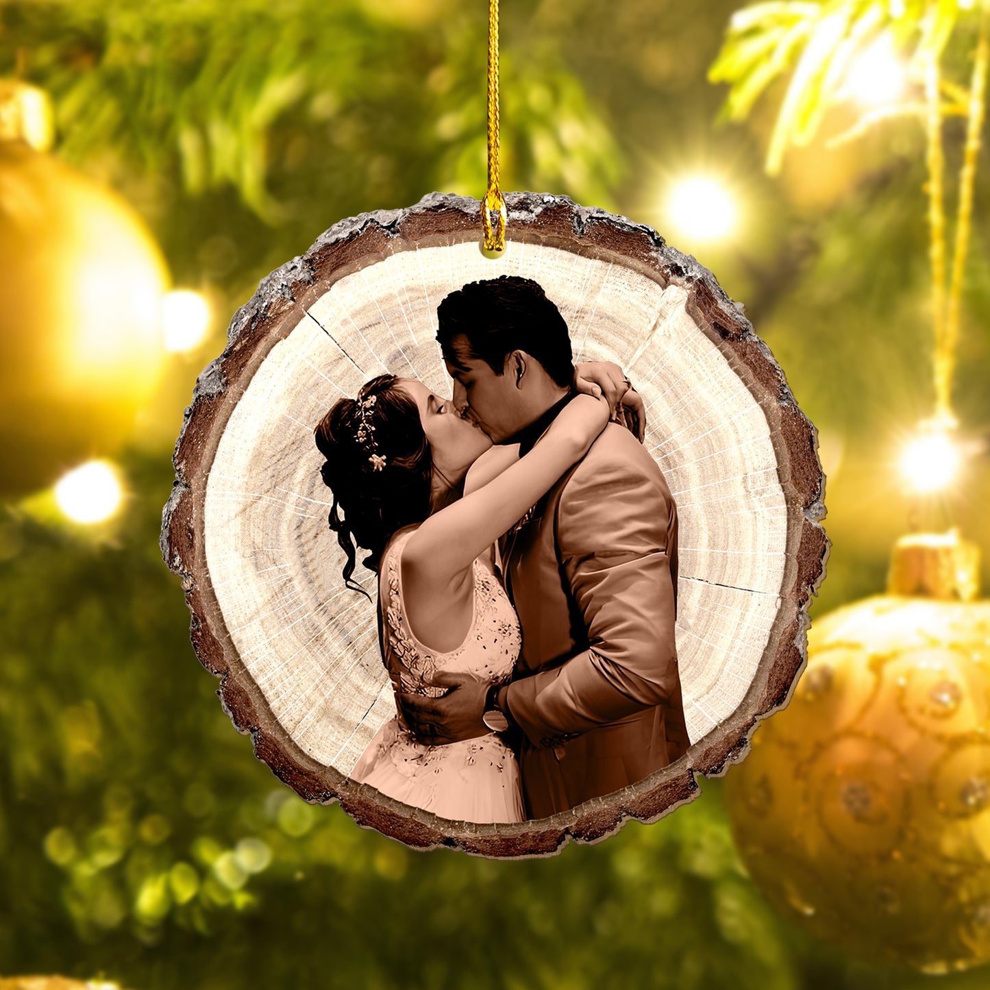 Custom Photo Couple Sketch Art  Wood Slice Ornament