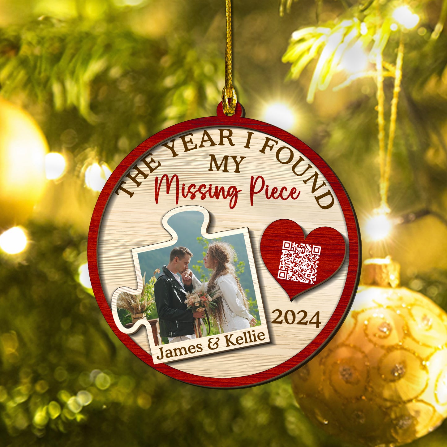 Custom Wedding Photo QR Code 2-Layer Wood Ornament