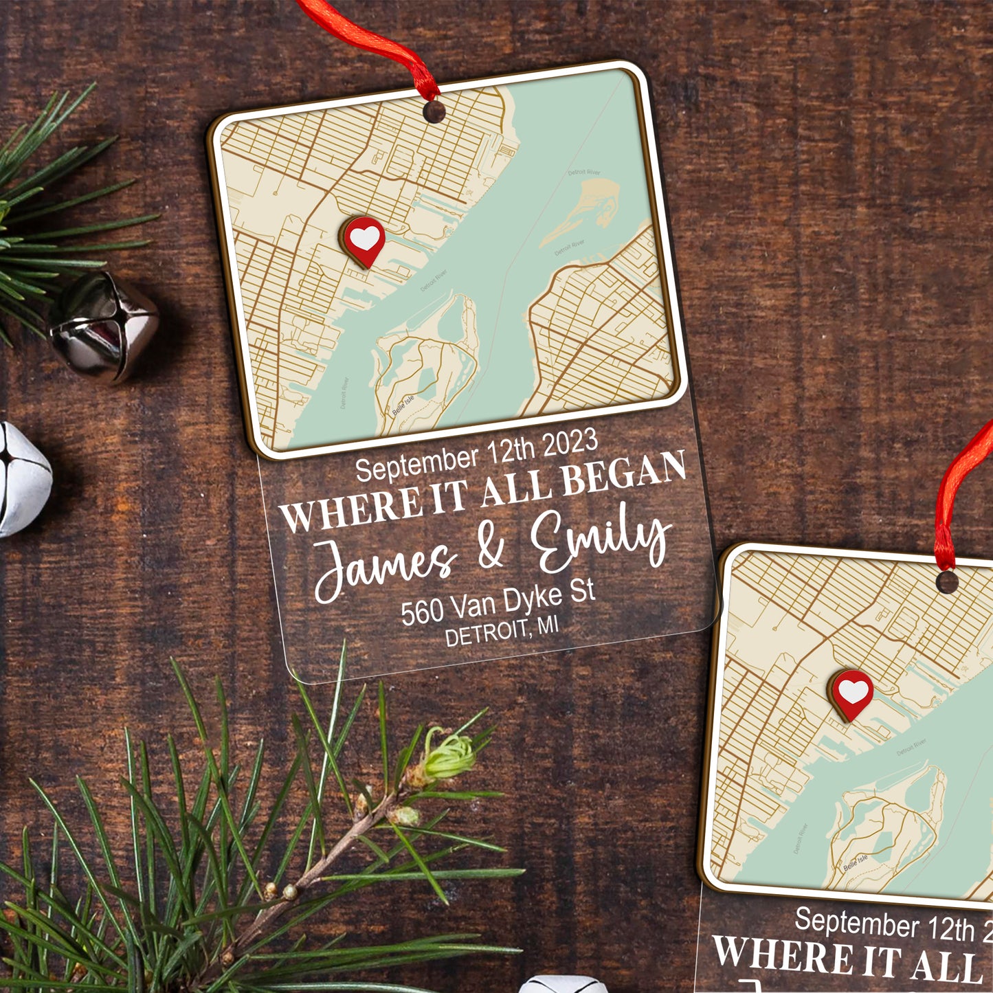 Custom Map Anniversary Wood and Acrylic Ornament