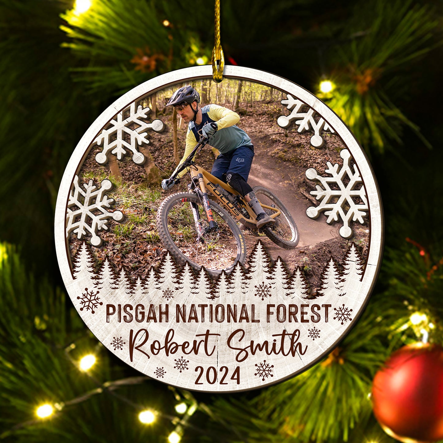 Custom Mountain Biking Photo 2-Layer Wood Ornament