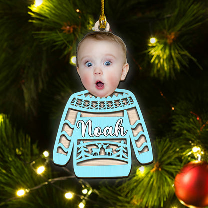 Custom Face Photo Funny Ugly Sweater 2-Layer Wood Ornament