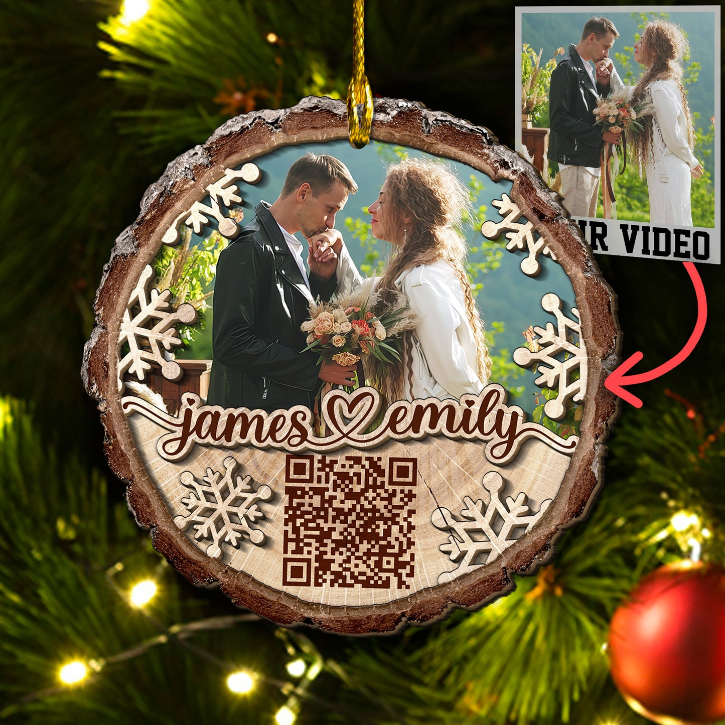 Custom Wedding Video QR Code 2-Layer Wood Slice Ornament