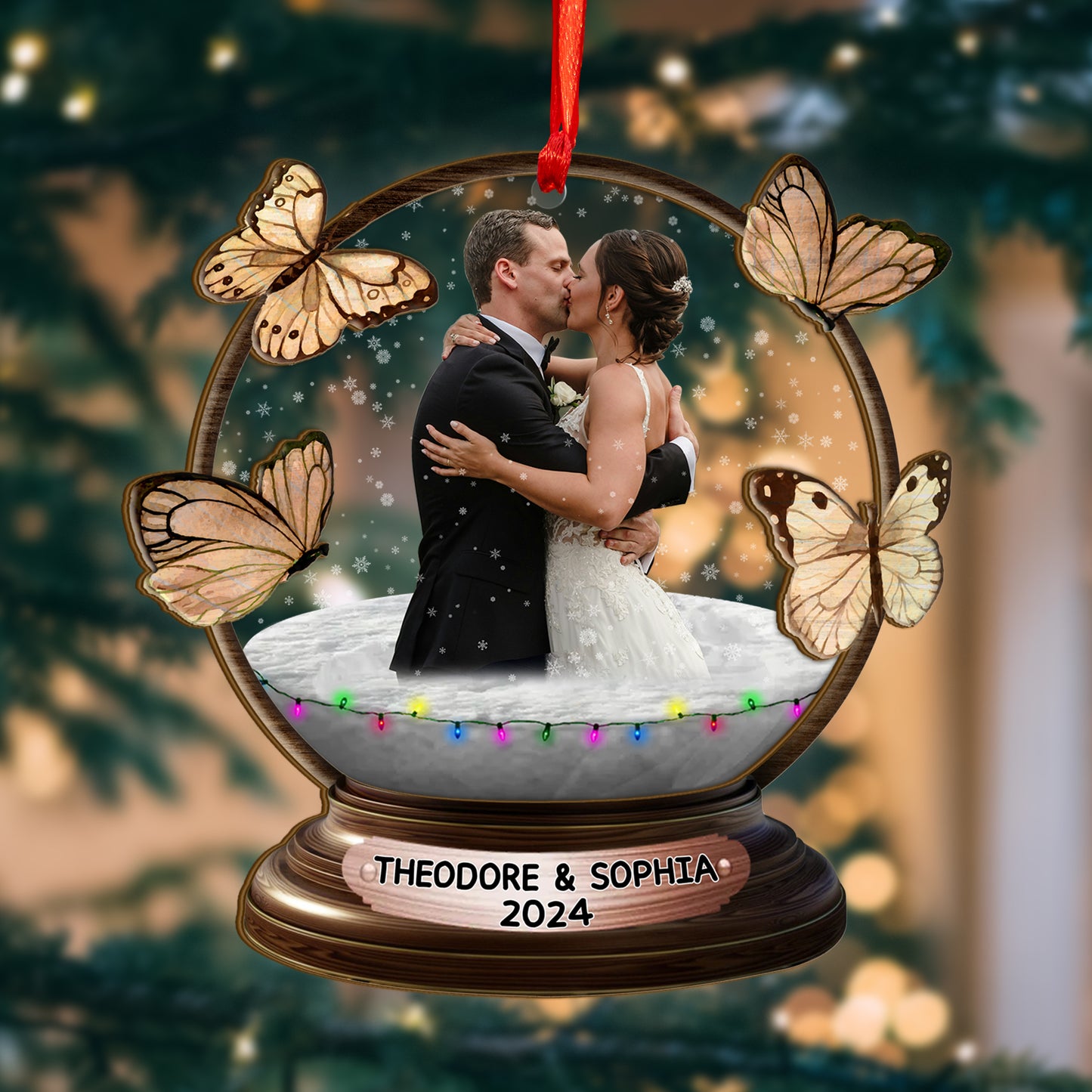 Custom Wedding Photo Butterfly Snowball Wood and Acrylic Ornament