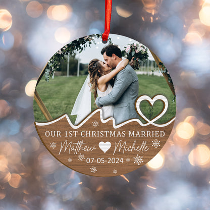 Custom Photo First Christmas Married Wood and Acrylic Ornament