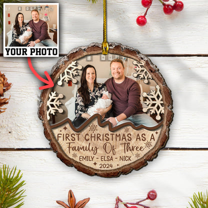 Custom Photo First Christmas As A Family Of Three 2-Layer Wood Ornament