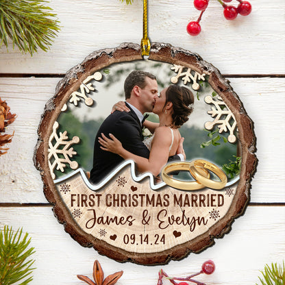 Custom Wedding Photo Rings 2-Layer Wood Slice Ornament