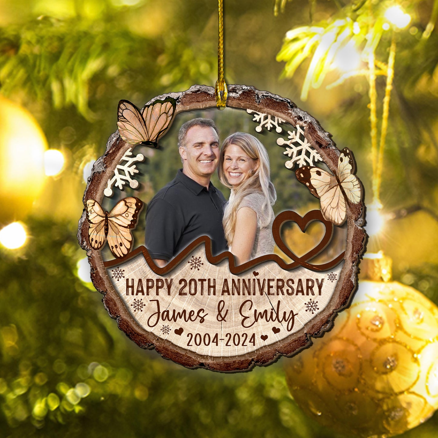 Custom Photo Couple Anniversary 2-Layer Wood Slice Ornament