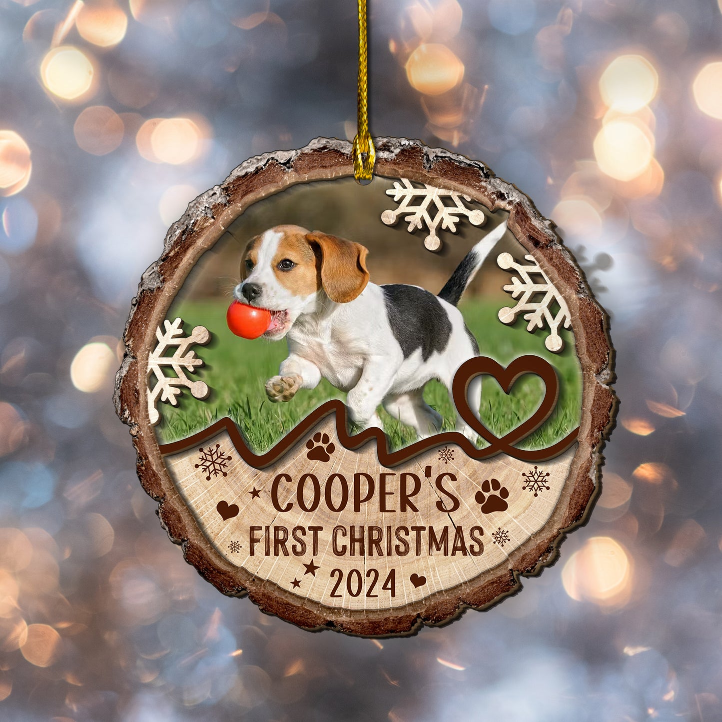 Custom Dog Photo First Christmas 2-Layer Wood Ornament