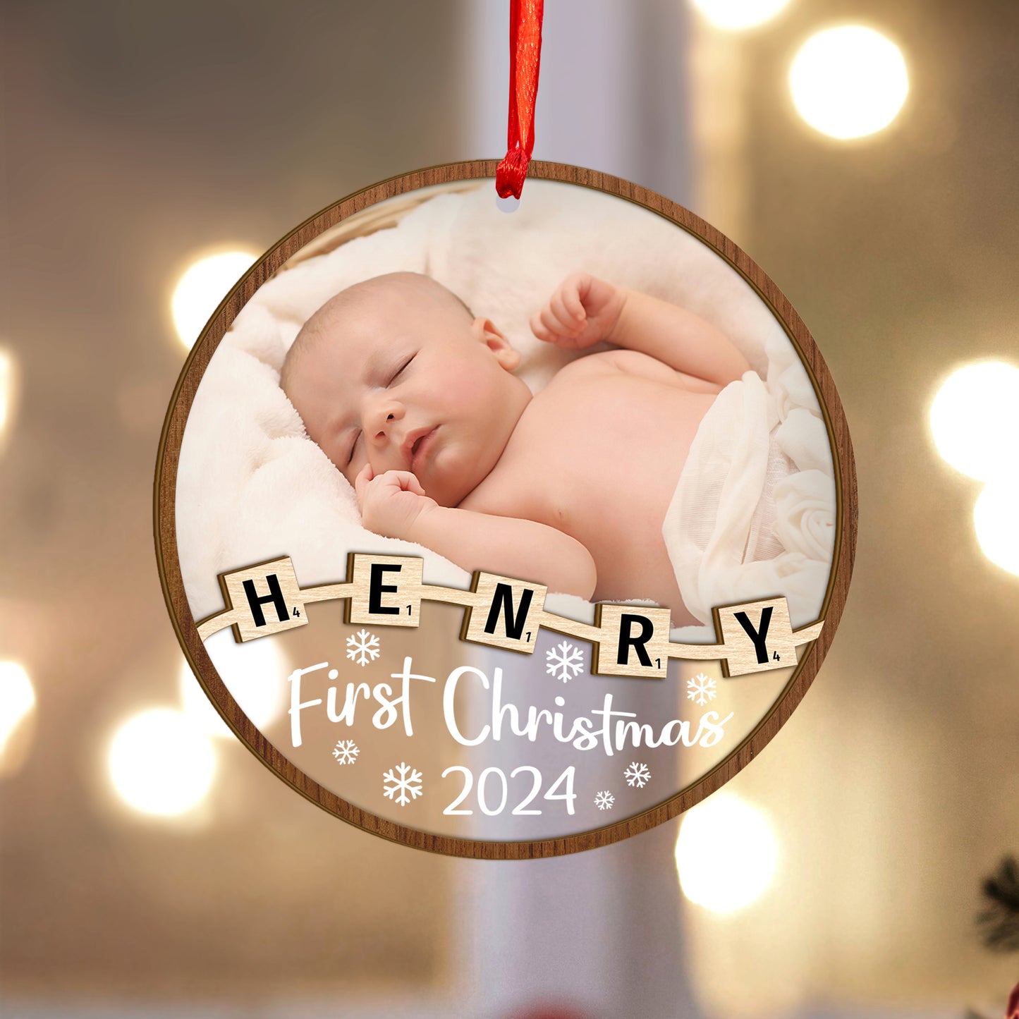 Custom Baby Photo Crossword Wood and Acrylic Ornament