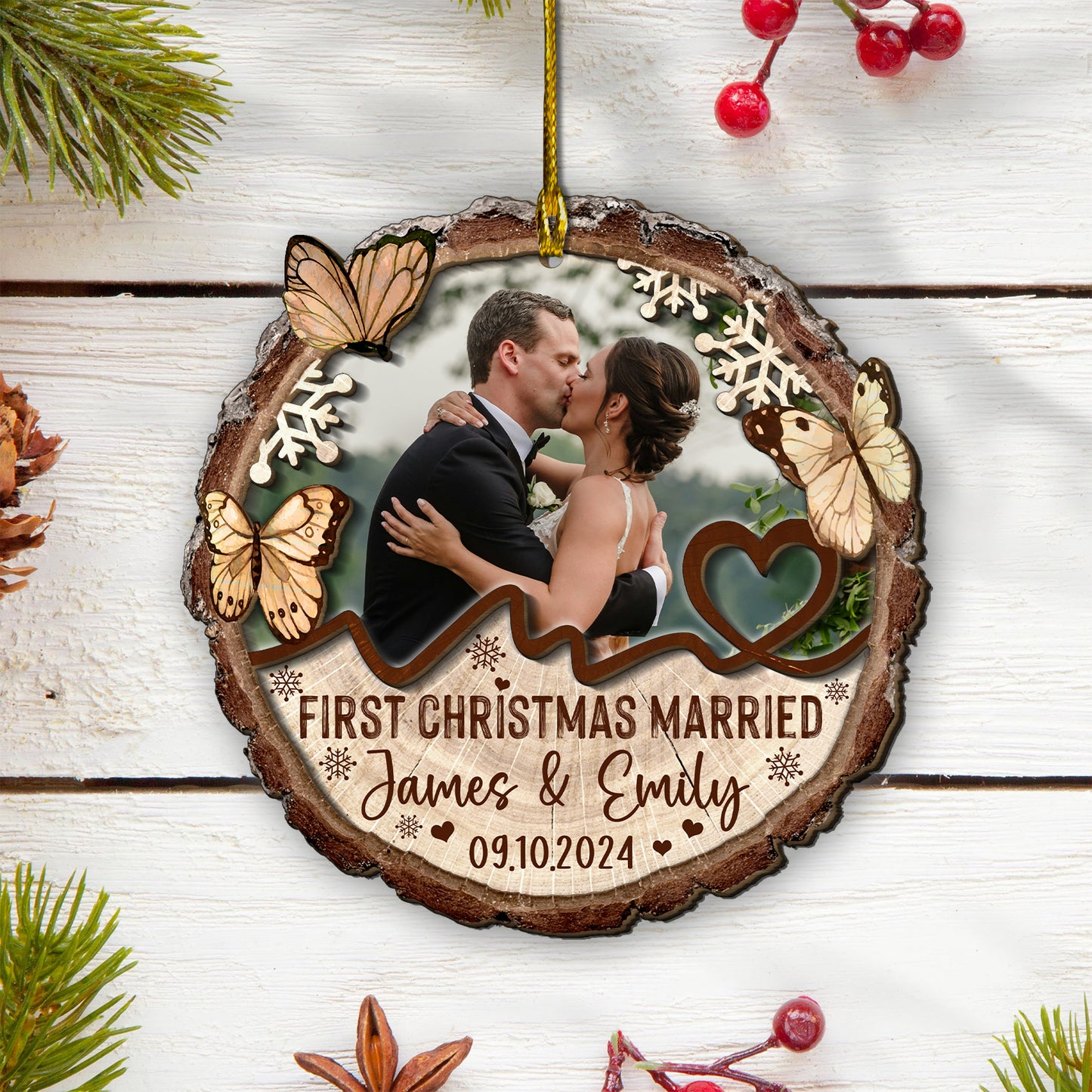 Custom Wedding Photo 2-Layer Wood Ornament