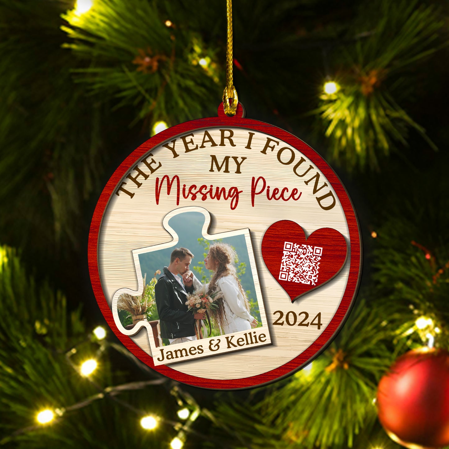 Custom Wedding Photo QR Code 2-Layer Wood Ornament