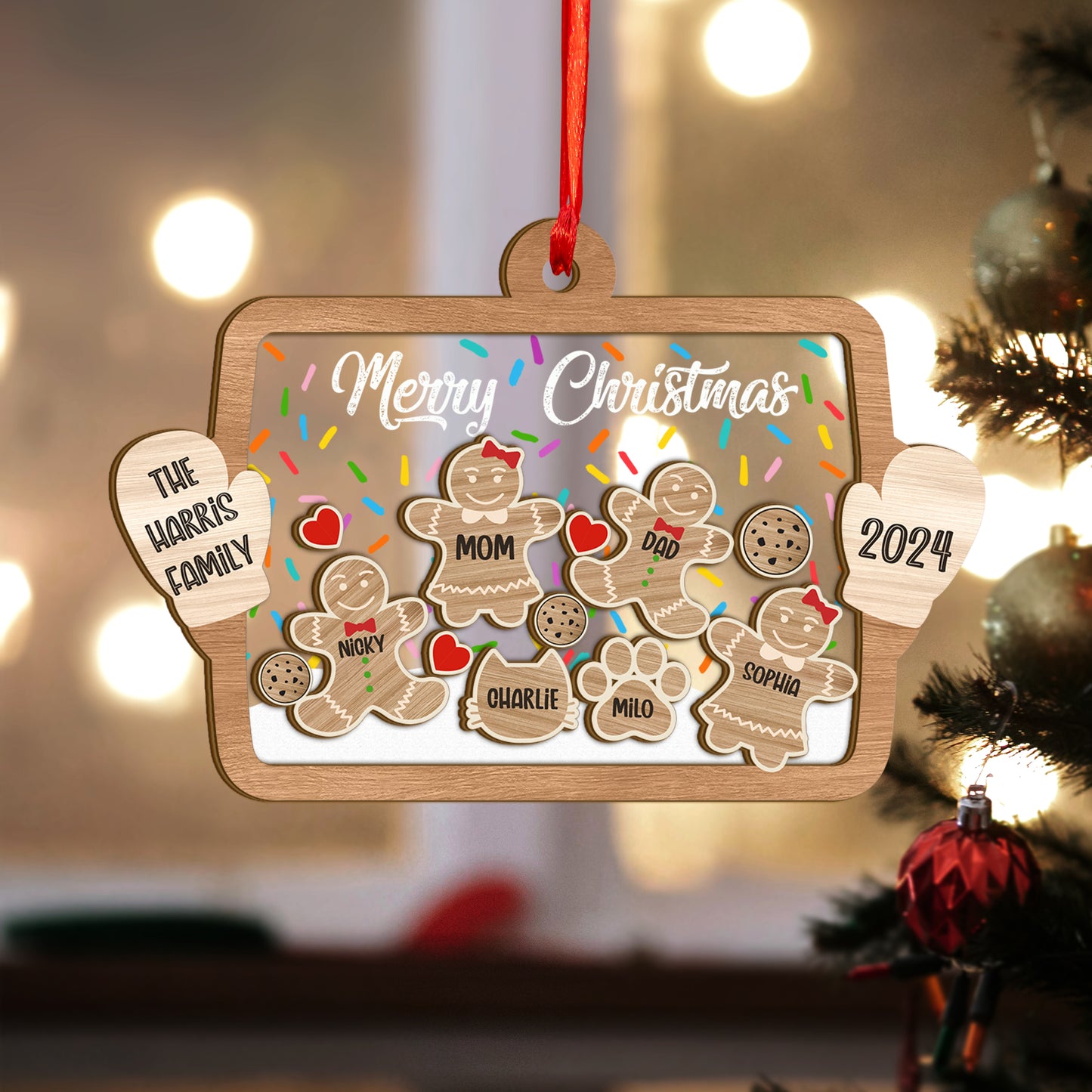 Custom Family Names Gingerbread Wood and Acrylic Ornament