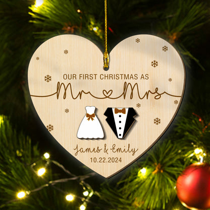 Custom Couple Name Our 1st Christmas As Mr And Mrs 2 Layers Wood Ornament