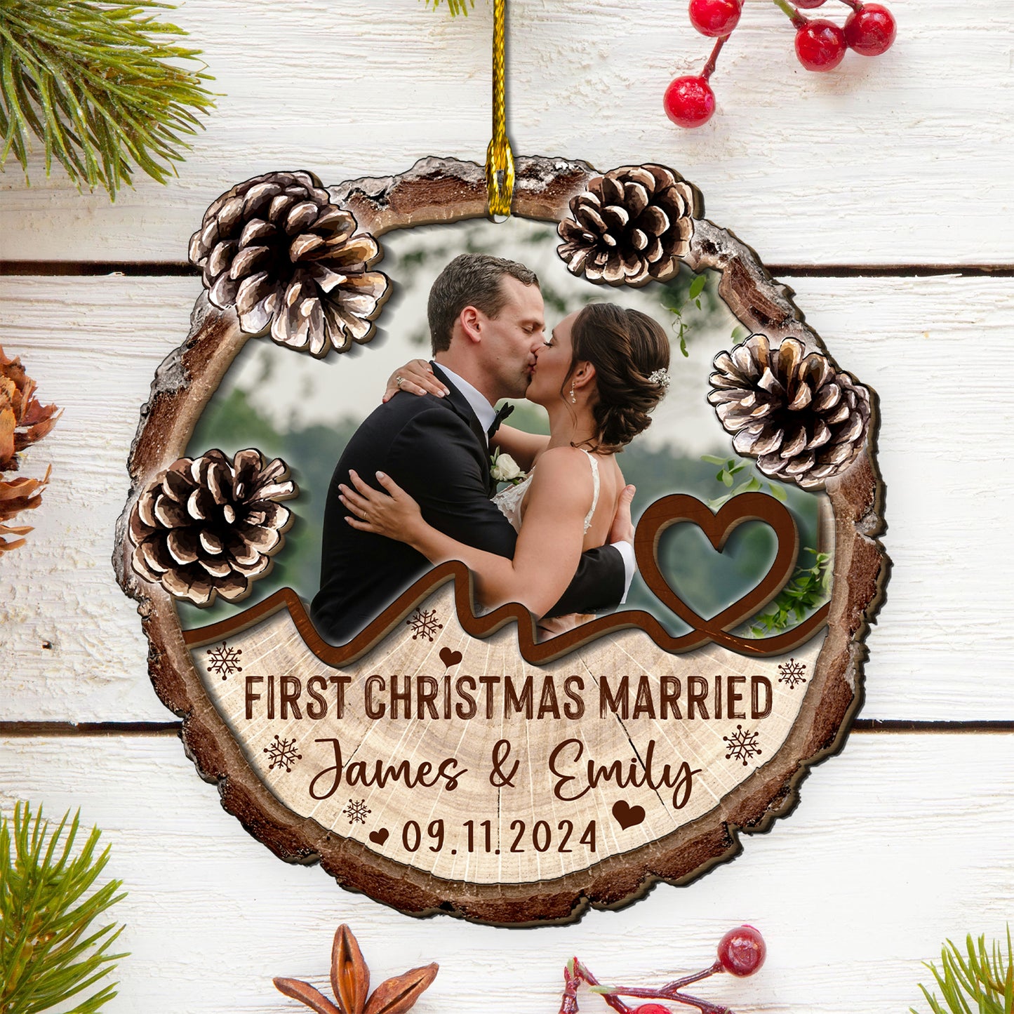 Custom Wedding Photo 2-Layer Wood Slice Ornament