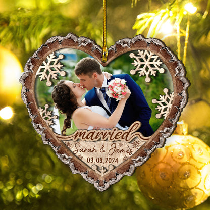 Custom Wedding Photo Heart Shape 2-Layer  Wood Slice Ornament