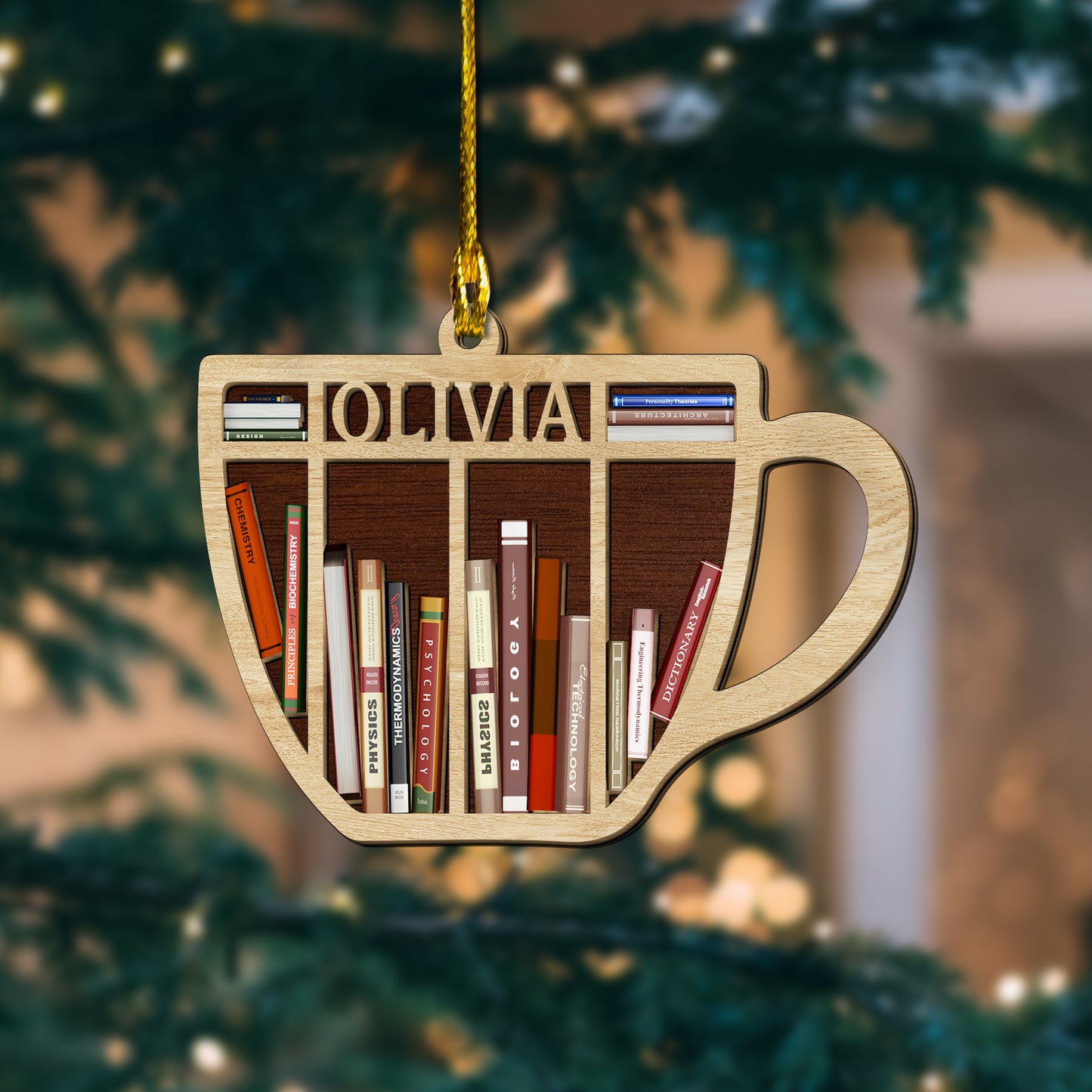 Custom Name Books Coffee Cup 2-Layer Wood Ornament