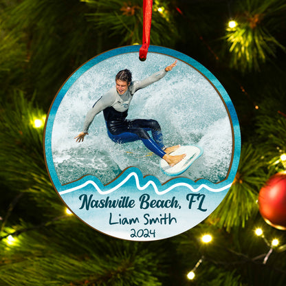 Custom Surfing Photo Wood and Acrylic Ornament