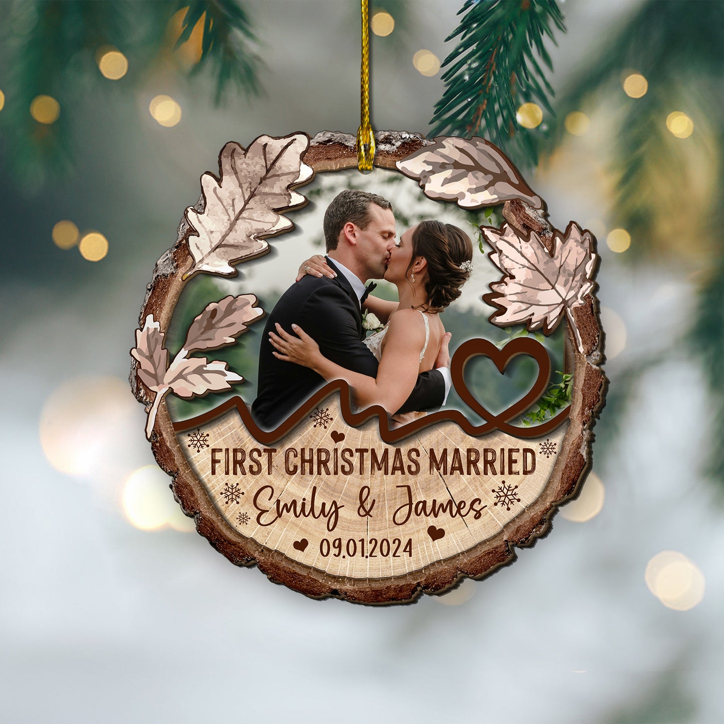 Custom Wedding Photo 2-Layers Wood Slice Ornament