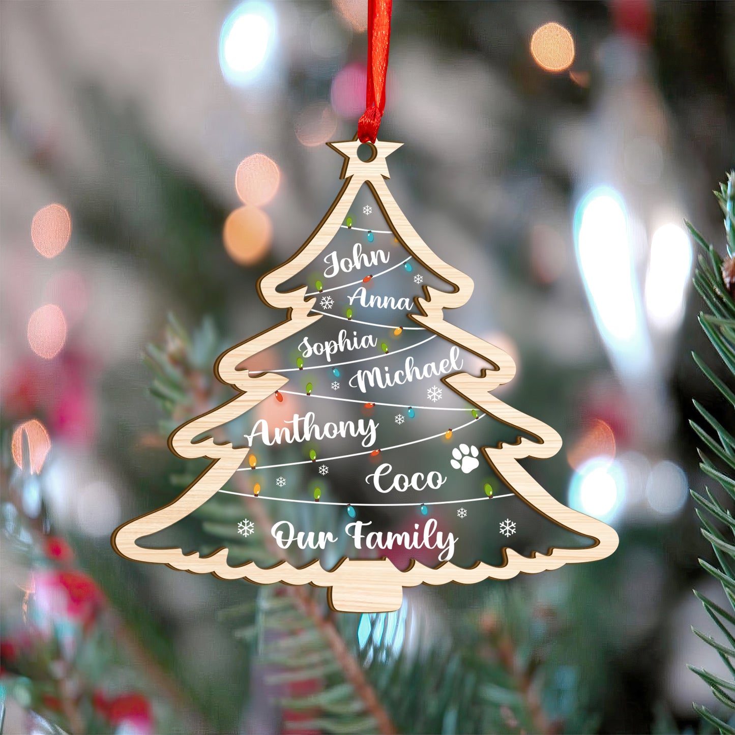 Custom Family Names Noel Tree Wood and Acrylic Ornament