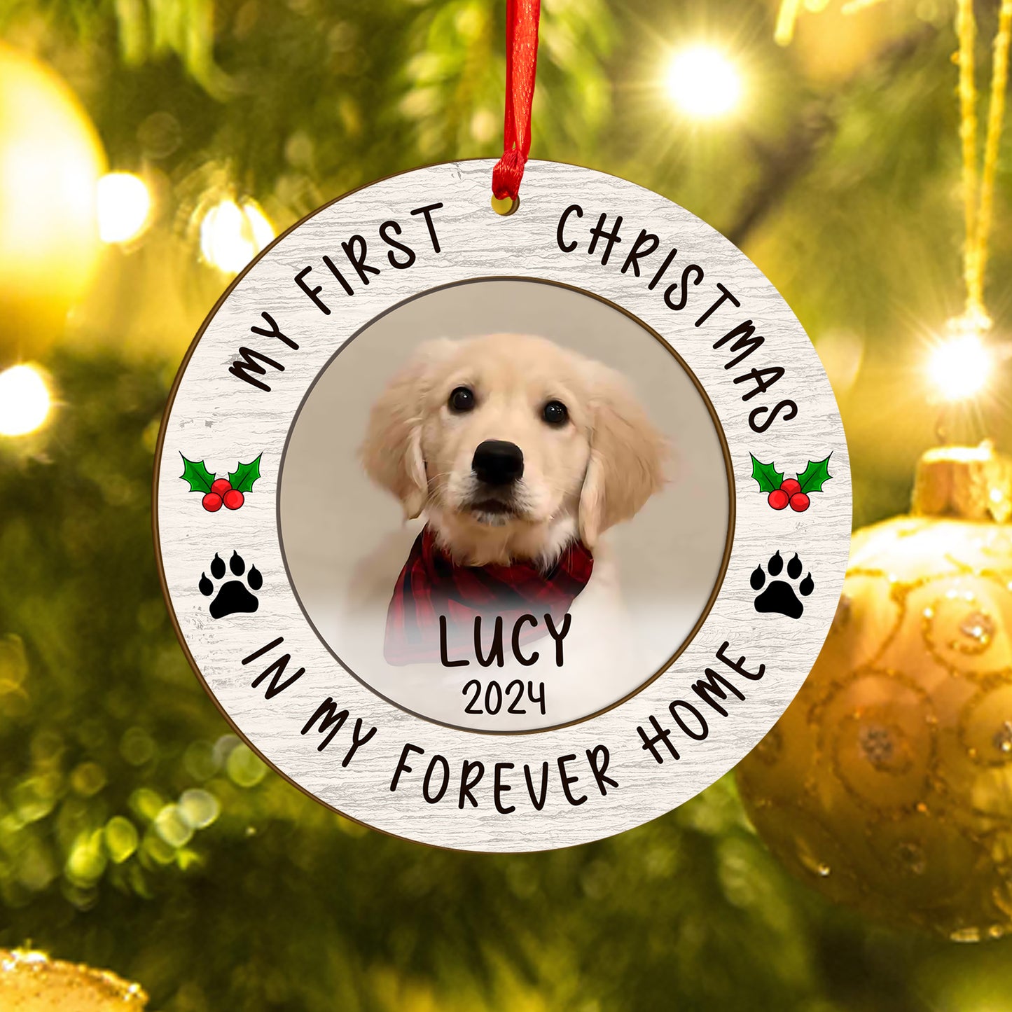 Custom Photo Dog First Christmas Wood and Acrylic Ornament