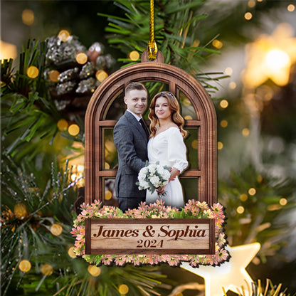 Custom Wedding Photo Window Frame 2-Layer Wood Ornament