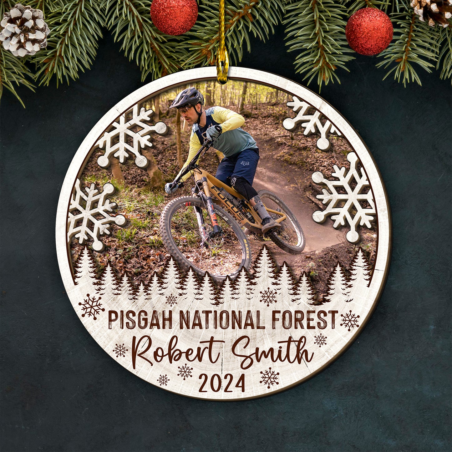 Custom Mountain Biking Photo 2-Layer Wood Ornament