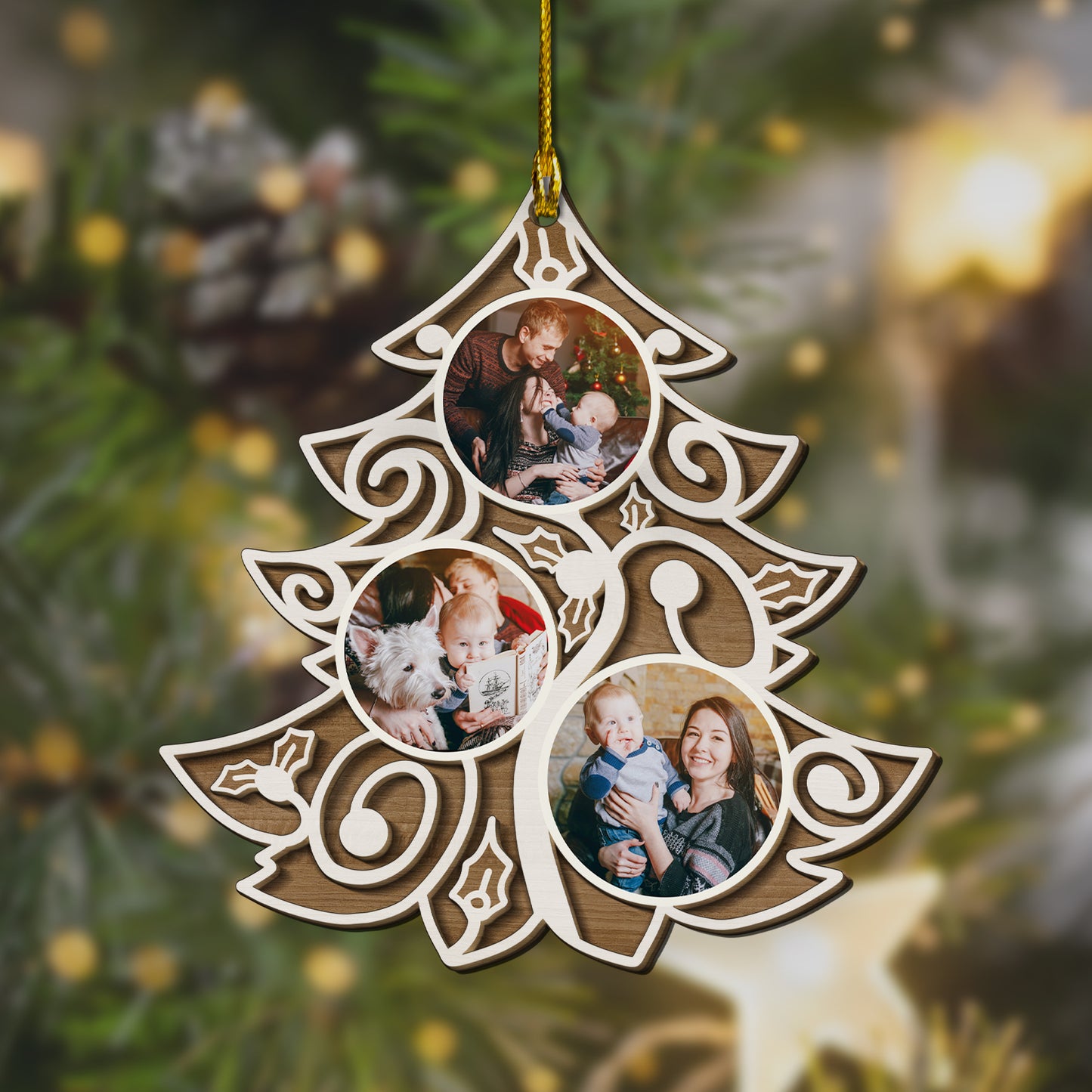 Custom Photos Noel Tree 2-Layer Wood Ornament