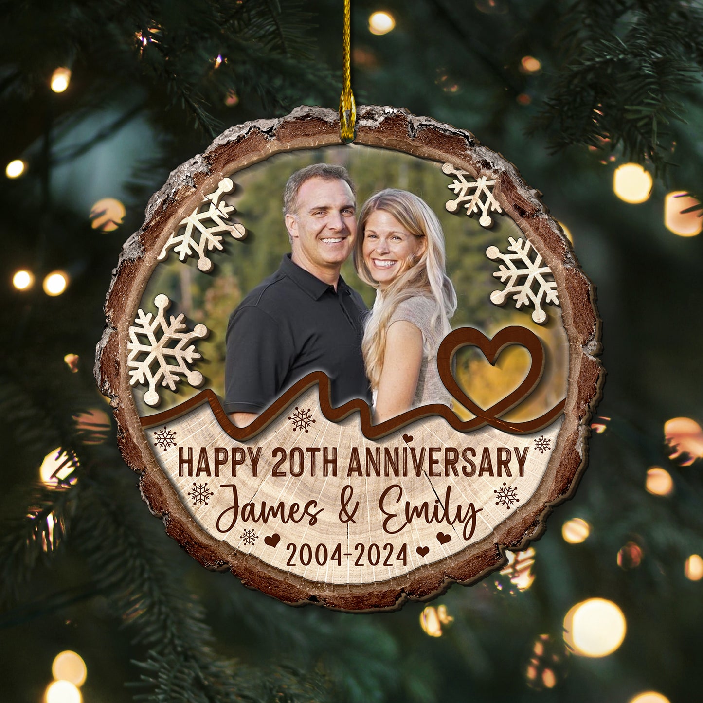 Custom Photo Couple Anniversary 2-Layer Wood Slice Ornament