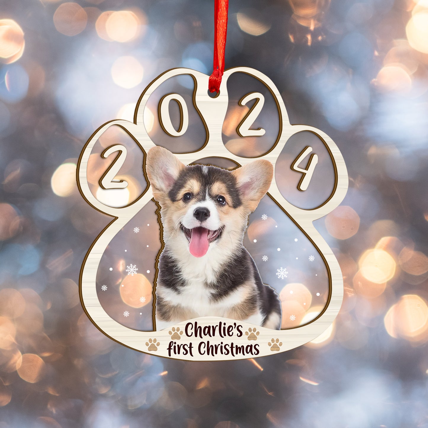 Custom Photo Dog First Christmas Wood and Acrylic Ornament