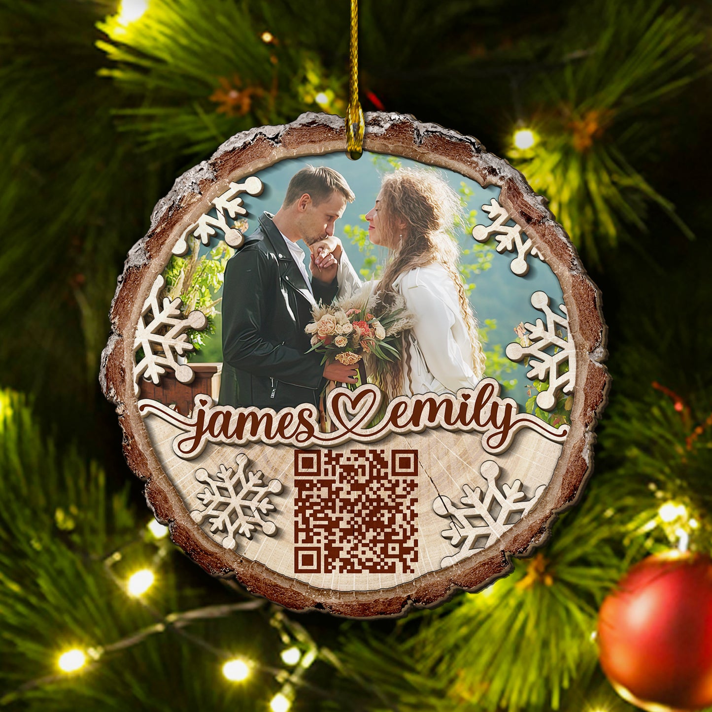 Custom Wedding Video QR Code 2-Layer Wood Slice Ornament