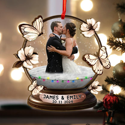 Custom Wedding Photo Snowball Wood and Acrylic Ornament