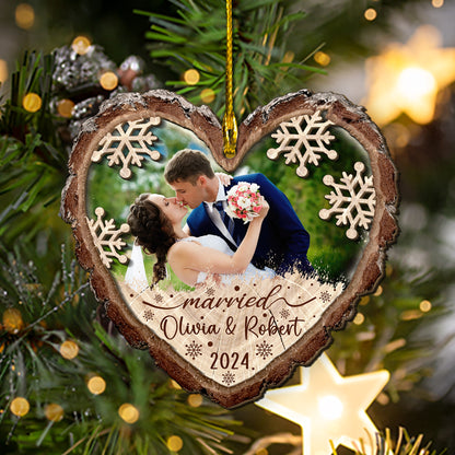 Custom Wedding Photo Heart Shape 2-Layer  Wood Slice Ornament