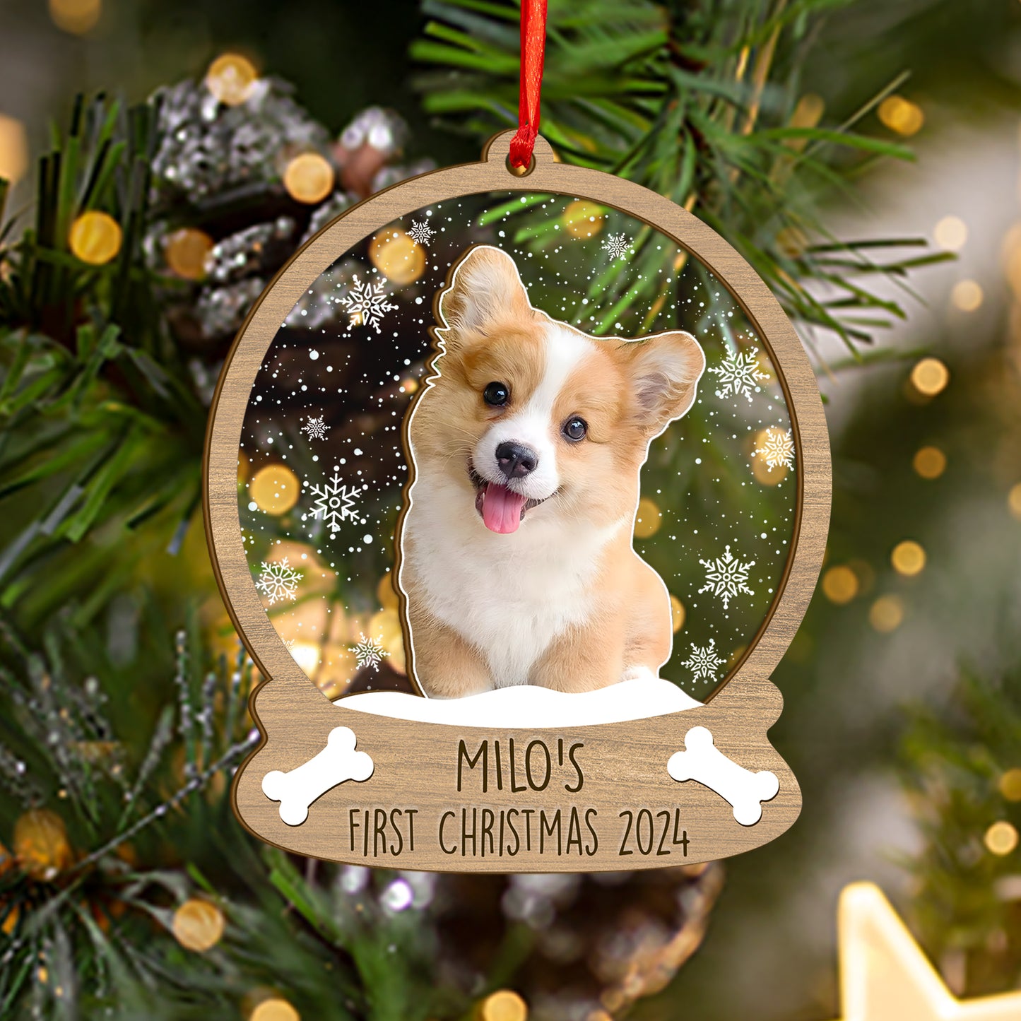 Custom Photo Dog First Christmas Wood and Acrylic Ornament