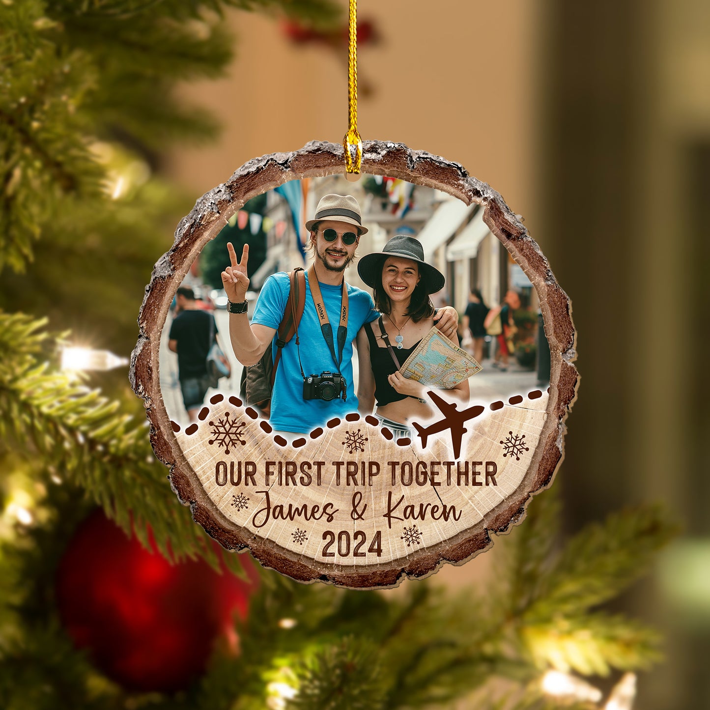 Custom Couple Travel Wood Slice Ornament