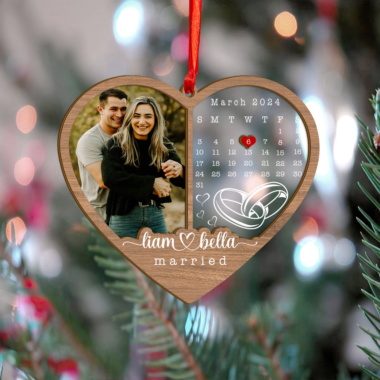 Custom Couple Wedding Photo And Calendar Wood and Acrylic Ornament