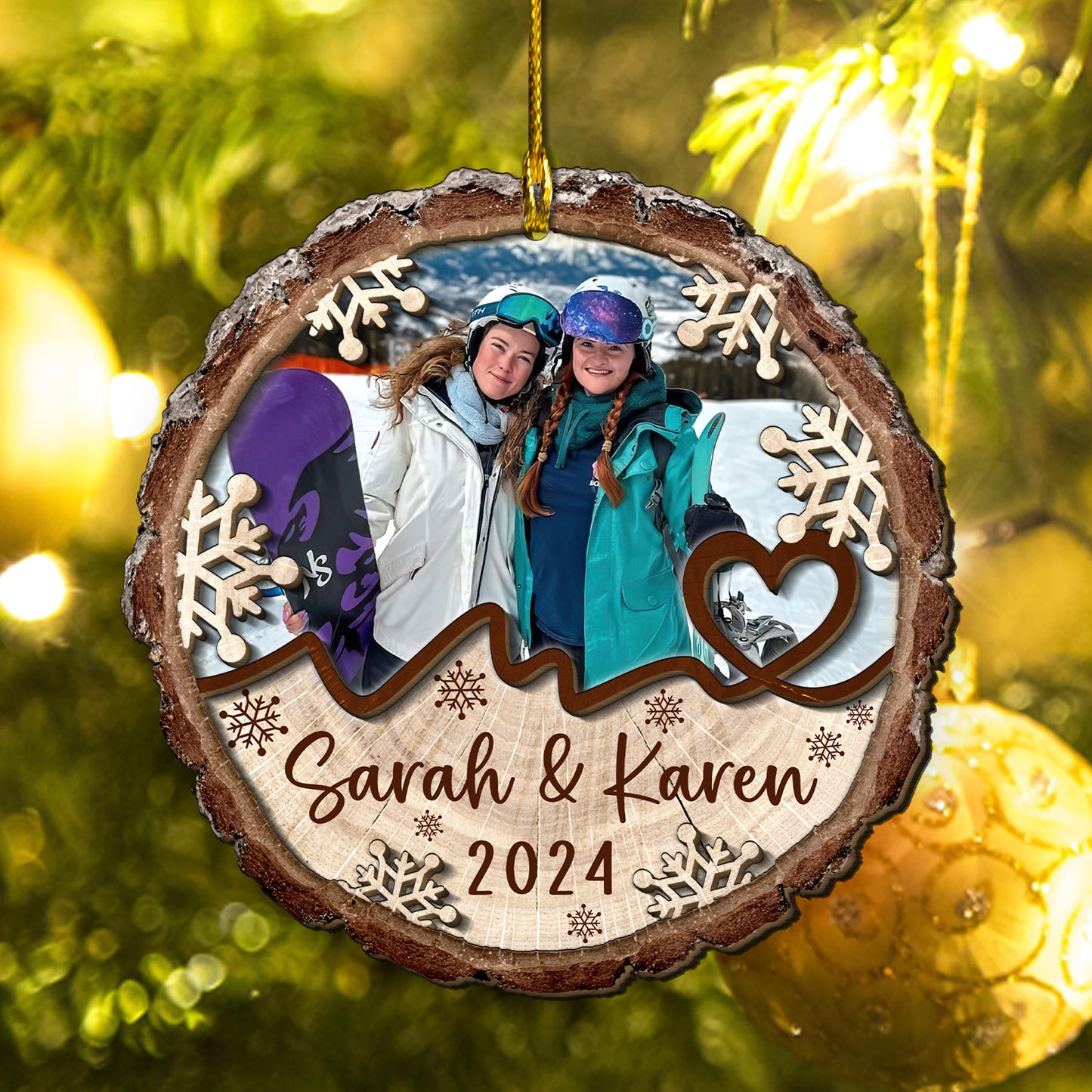 Custom Snow Boarding Photo 2-Layer Wood Ornament